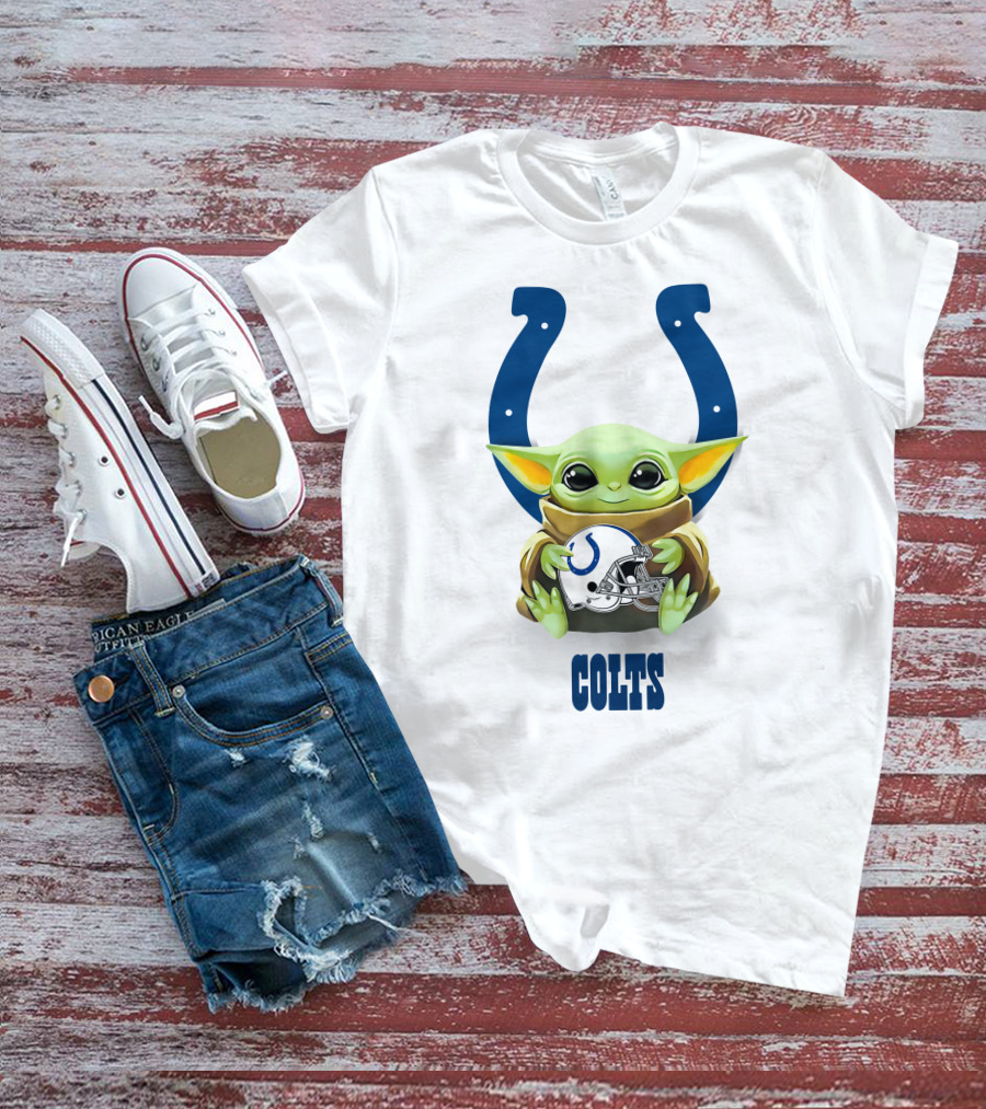 Baby Yoda Hugging Indianapolis Colts Helmet With Horseshoe T-Shirt
