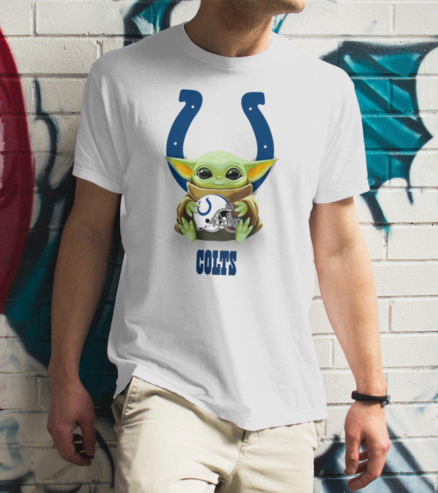 Baby Yoda Hugging Indianapolis Colts Helmet With Horseshoe T-Shirt