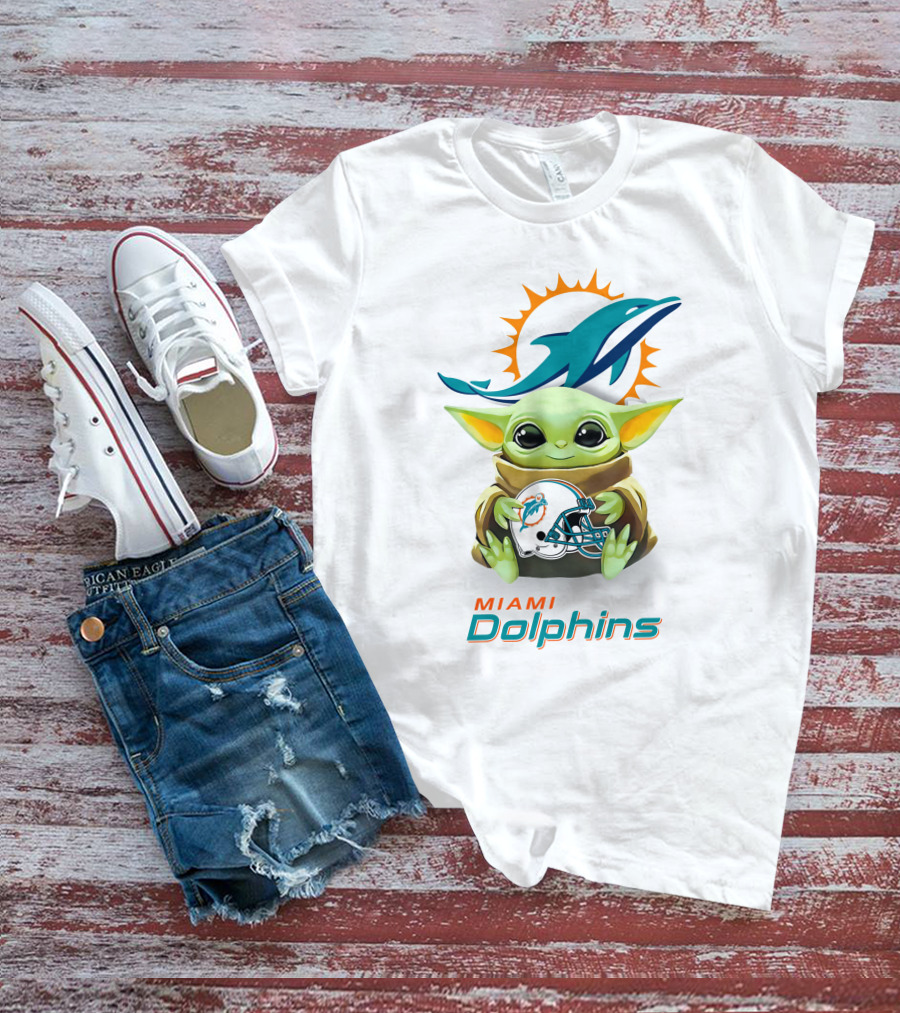 Star Wars Baby Yoda Miami Dolphins Helmet Hug White T-Shirt