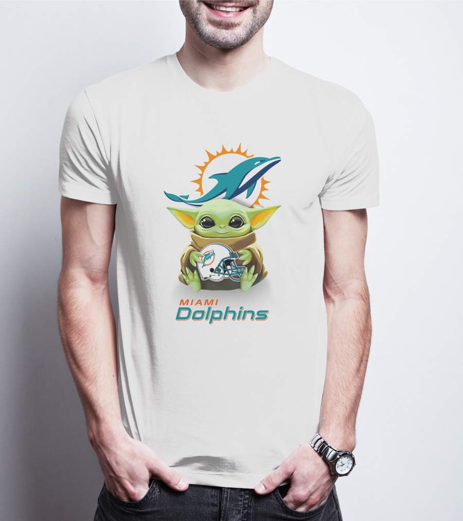 Star Wars Baby Yoda Miami Dolphins Helmet Hug White T-Shirt