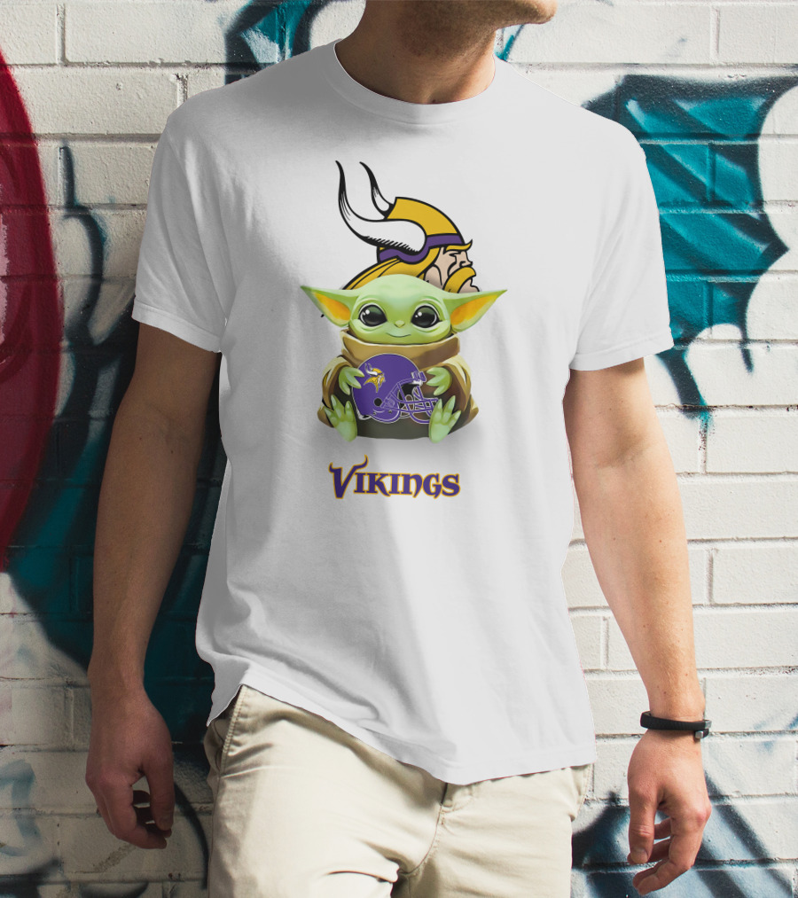 Star Wars Baby Yoda Holding Minnesota Vikings Helmet With Vikings T-Shirt