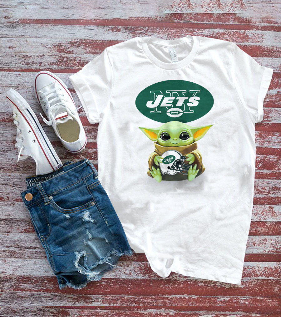 Star Wars Baby Yoda Holding New York Jets Helmet Jets T-Shirt