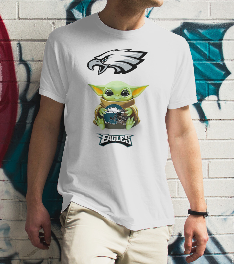 Baby Yoda Holding Philadelphia Eagles Helmet With Team T-Shirt
