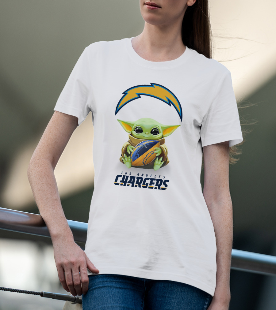 Star Wars Baby Yoda Los Angeles Chargers Football Hug White T-Shirt