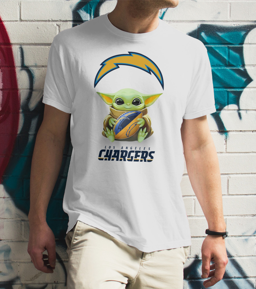Star Wars Baby Yoda Los Angeles Chargers Football Hug White T-Shirt
