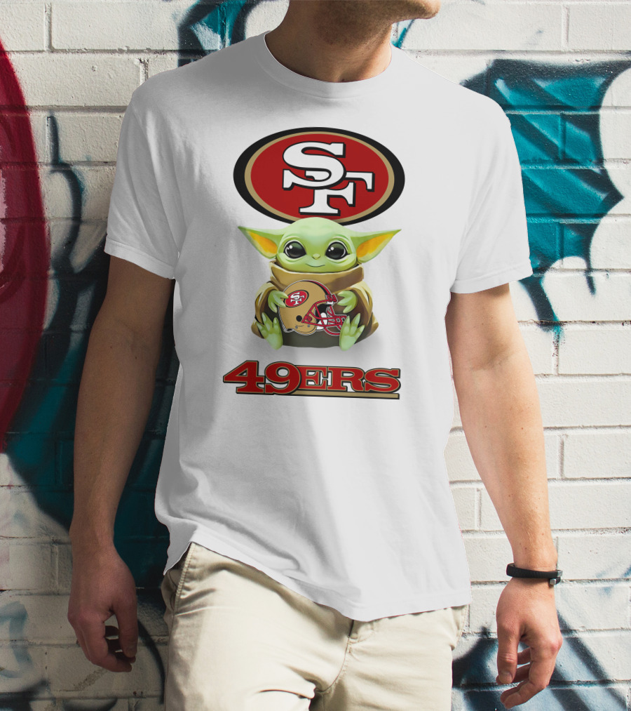 Star Wars Baby Yoda Holding San Francisco 49ers Helmet Logo SF 49ers T-Shirt