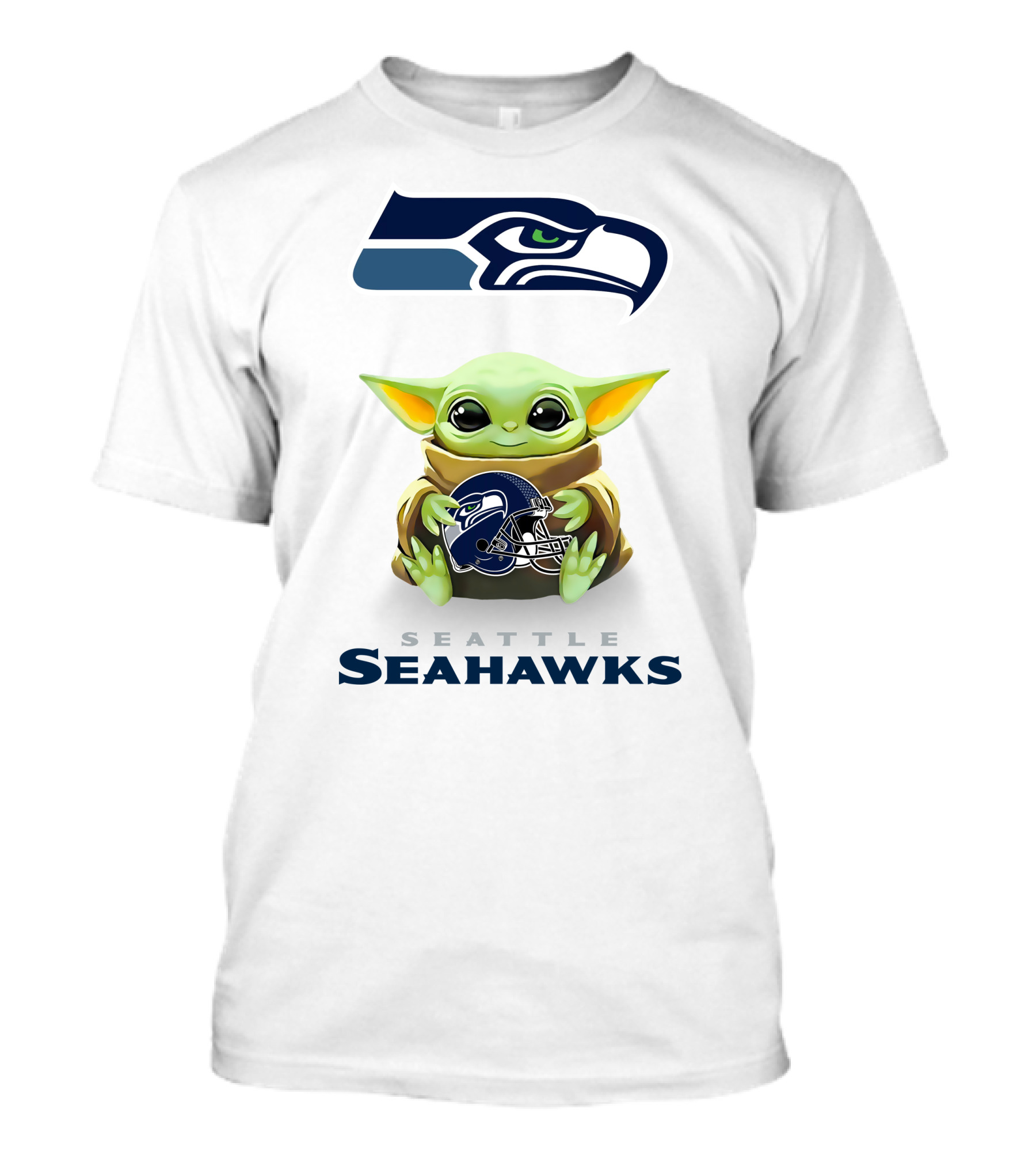 Star Wars Baby Yoda Holding Seattle Seahawks Helmet T-Shirt