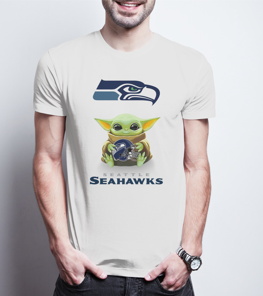 Star Wars Baby Yoda Holding Seattle Seahawks Helmet T-Shirt