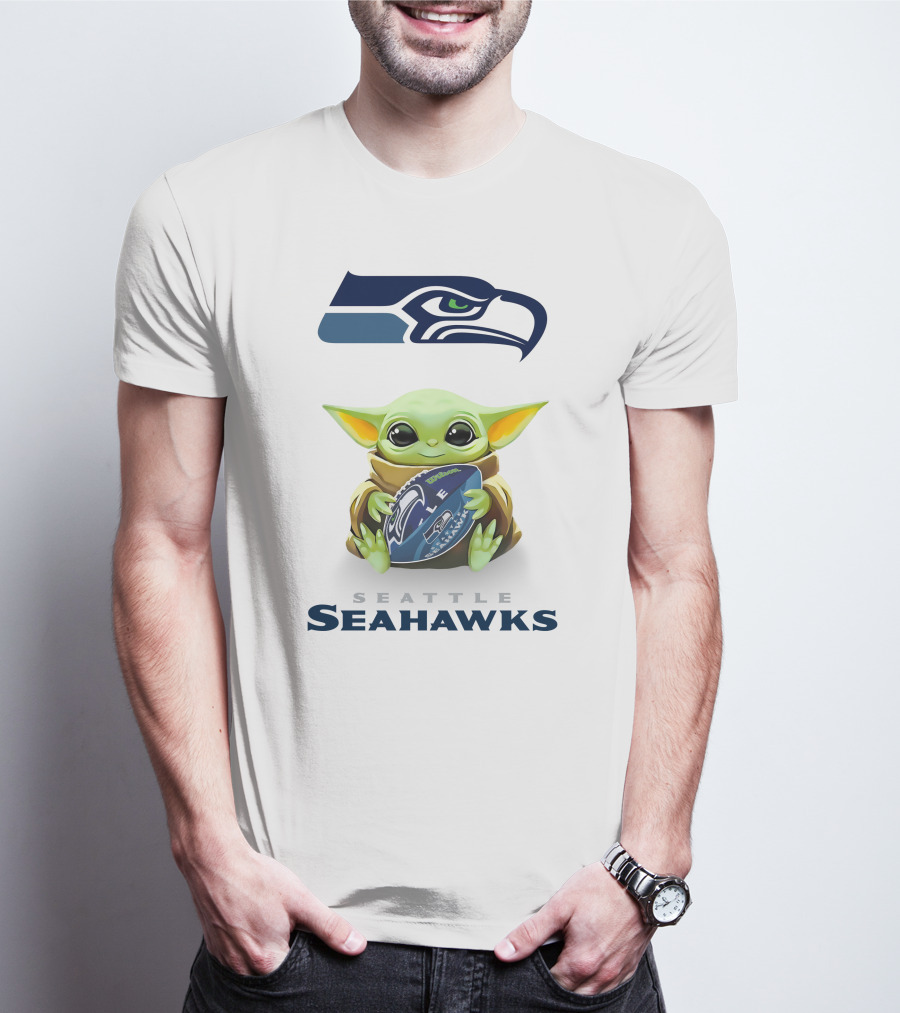 Star Wars Baby Yoda Seattle Seahawks Hugging Football T-Shirt