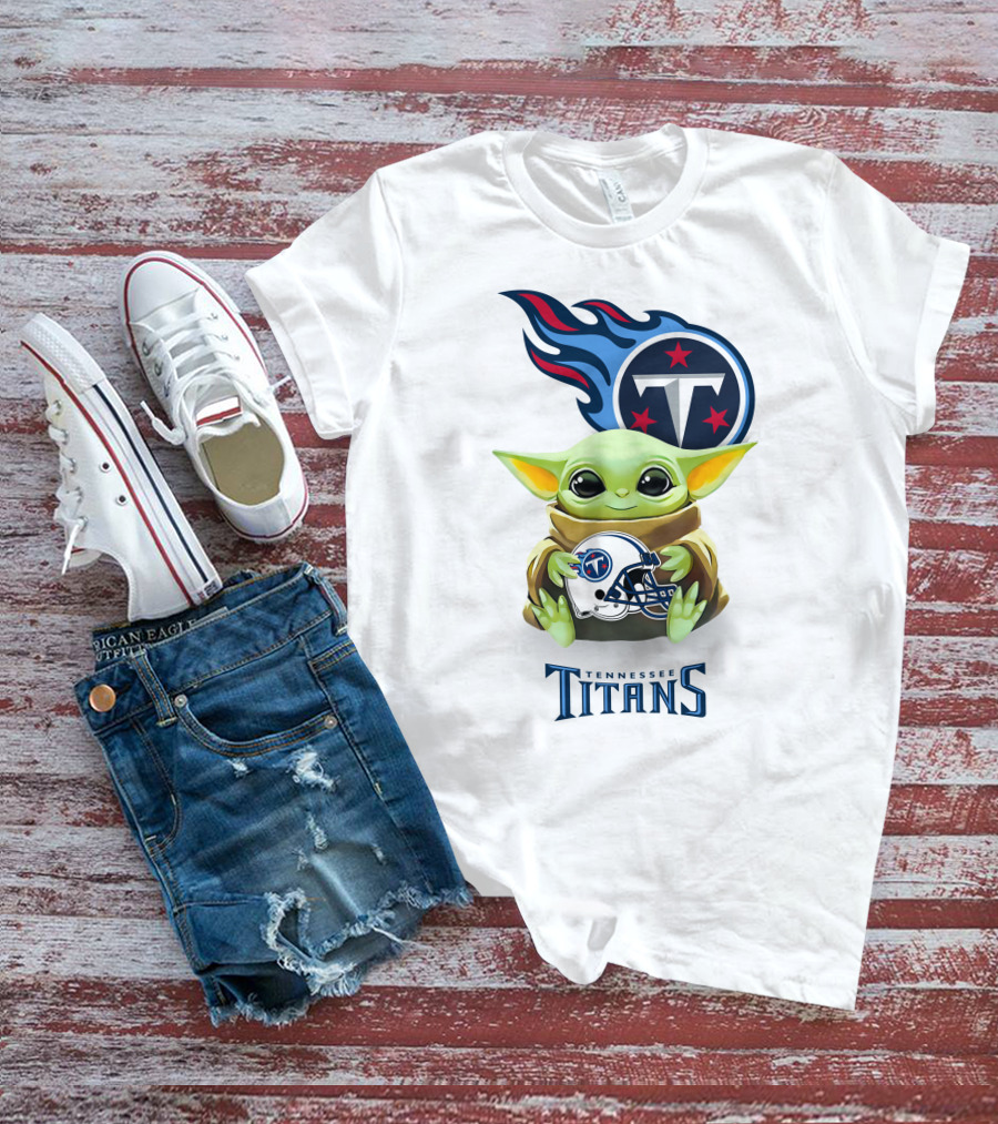 Star Wars Baby Yoda Holding Tennessee Titans Helmet T-Shirt
