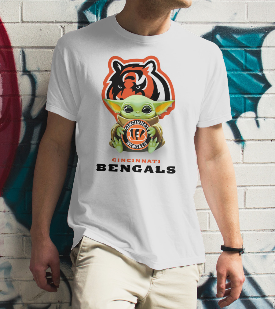 Grogu Holding Cincinnati Bengals Logo With Tiger Background T-Shirt