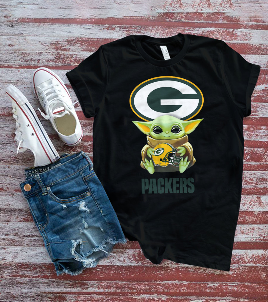 Grogu Holding Green Bay Packers Helmet With Packers T-Shirt