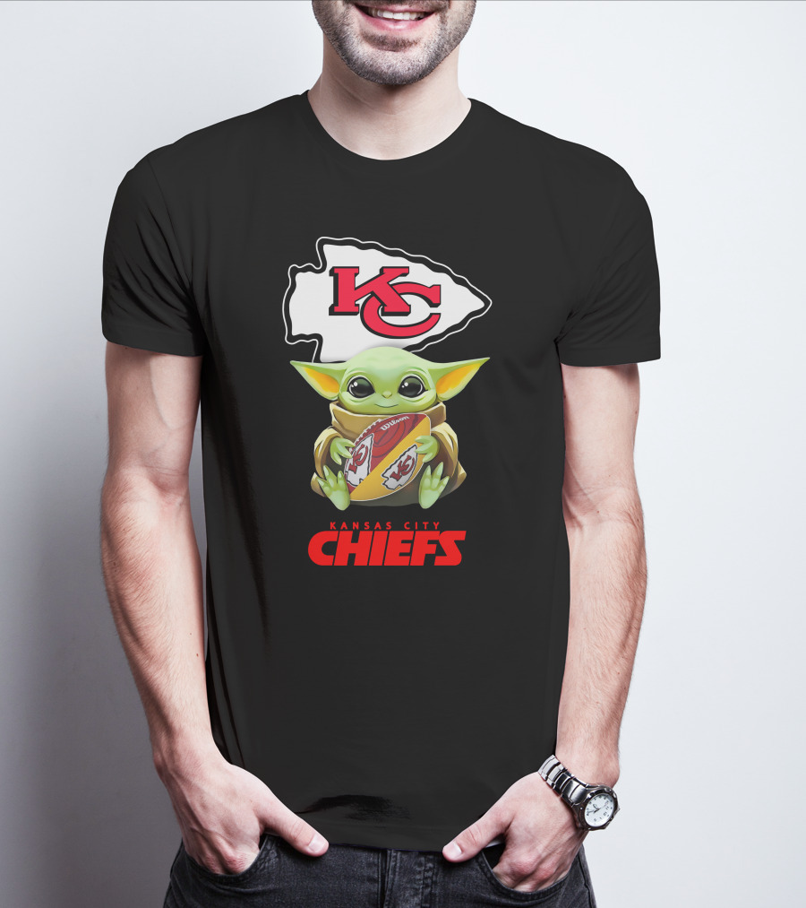 Grogu Holding Football Kansas City Chiefs KC T-Shirt