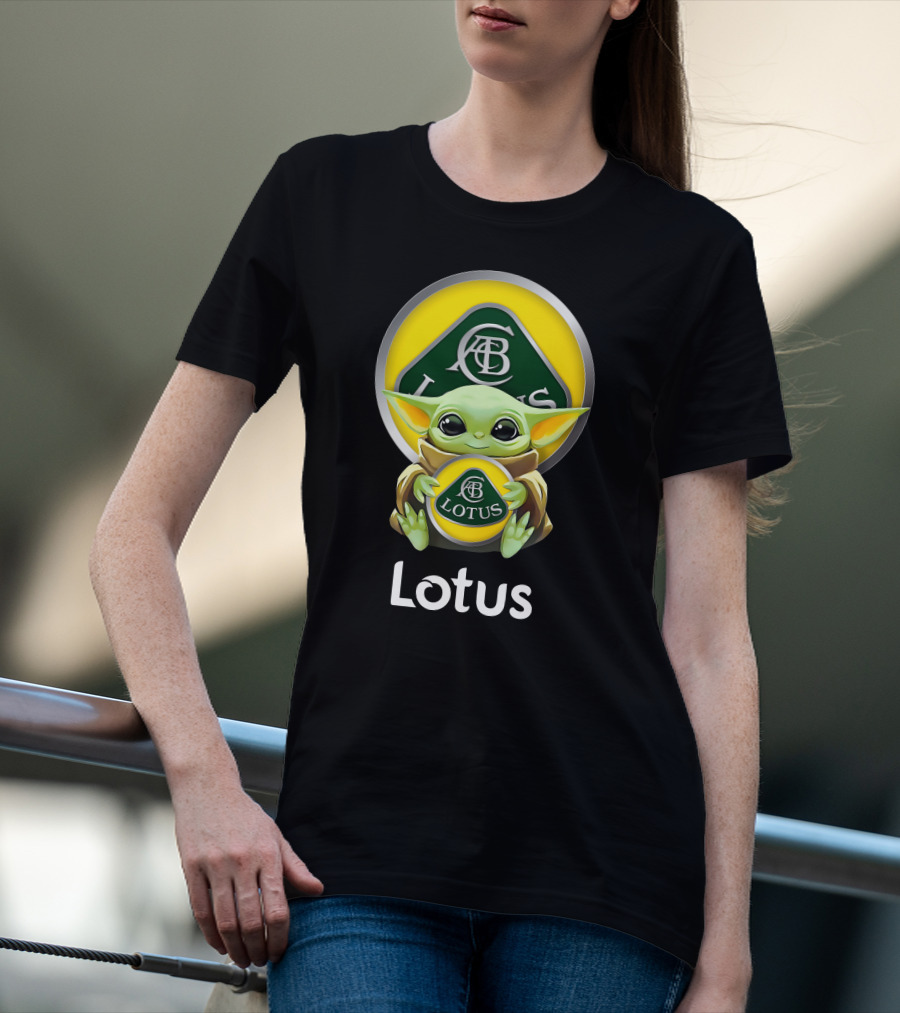 Grogu Holding Classic Lotus Emblem In Green And Yellow T-Shirt