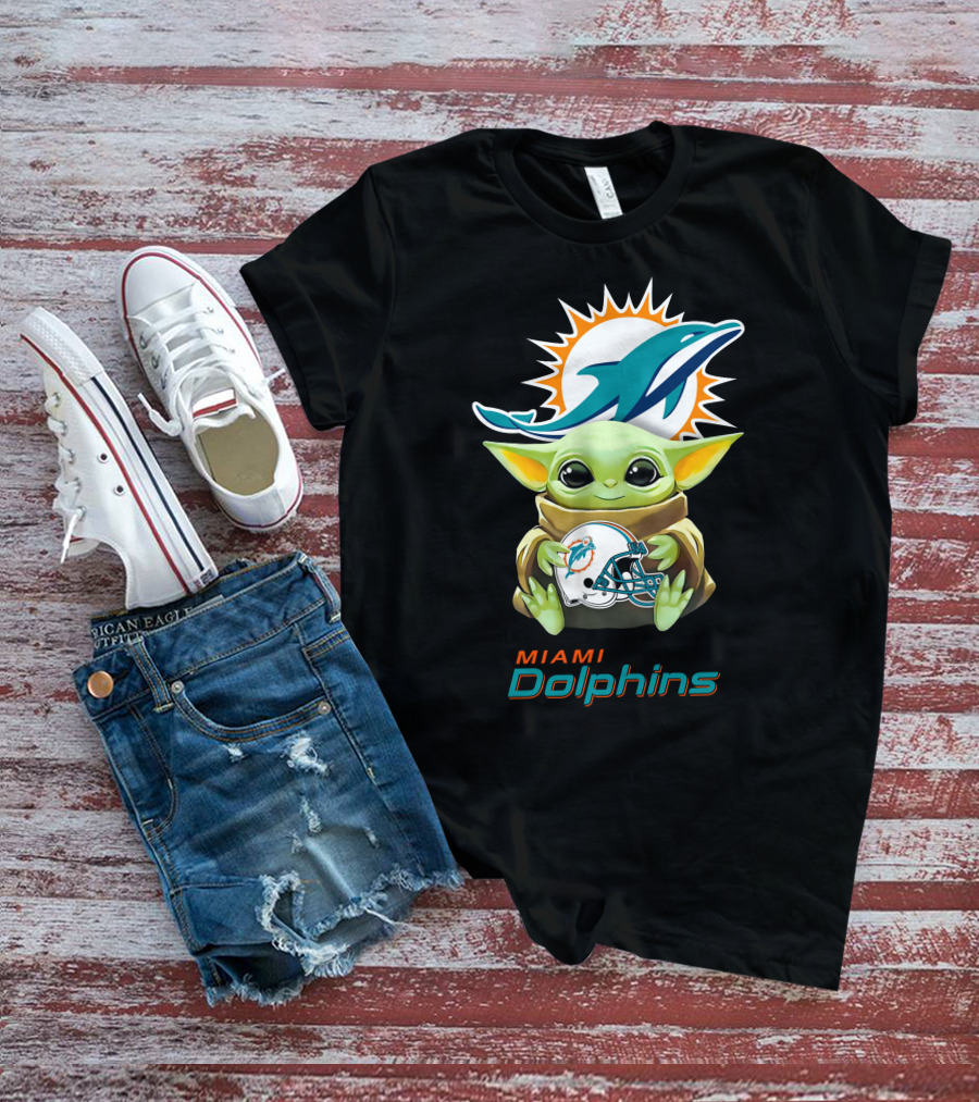 Miami Dolphins Grogu Holding Helmet Baby Yoda T-Shirt