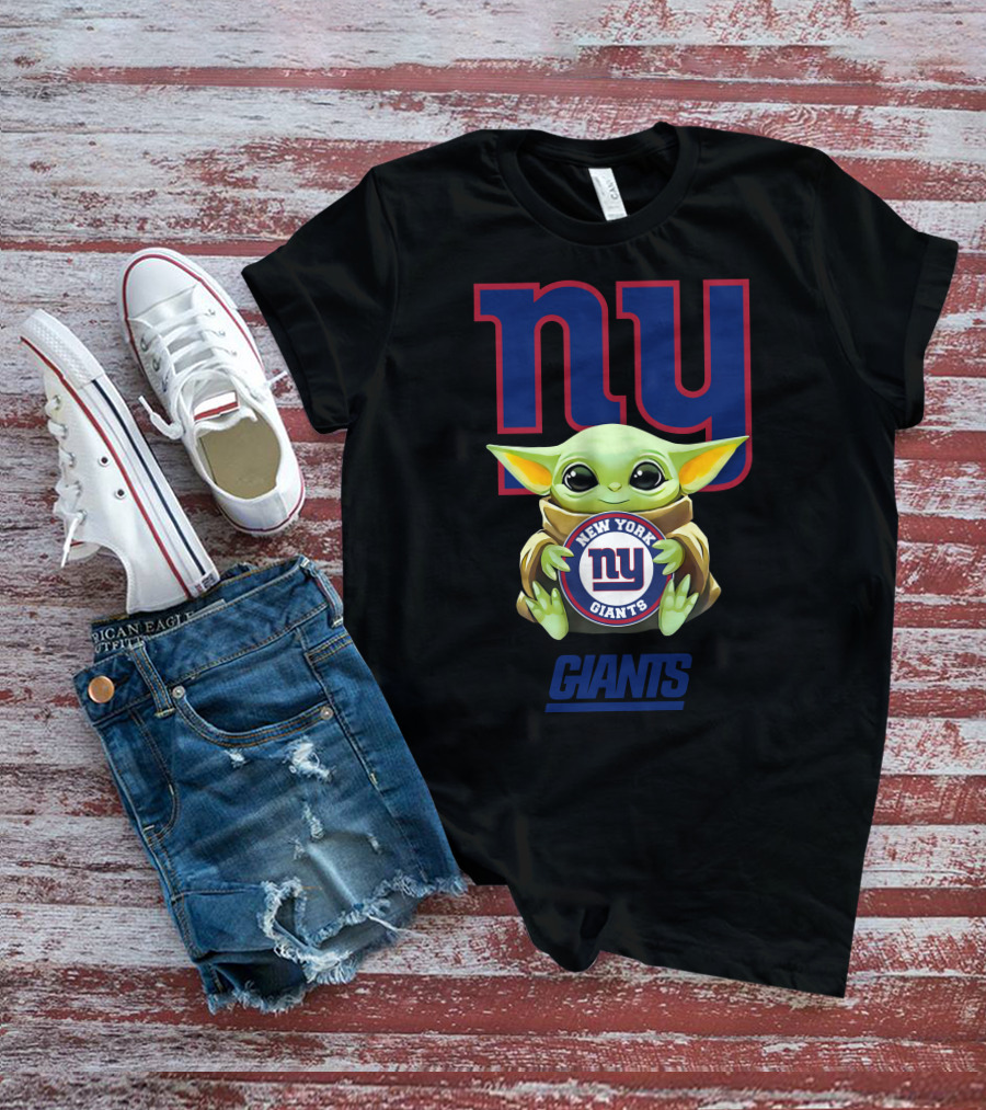Grogu Embracing New York Giants Logo With NY Giants Text T-Shirt