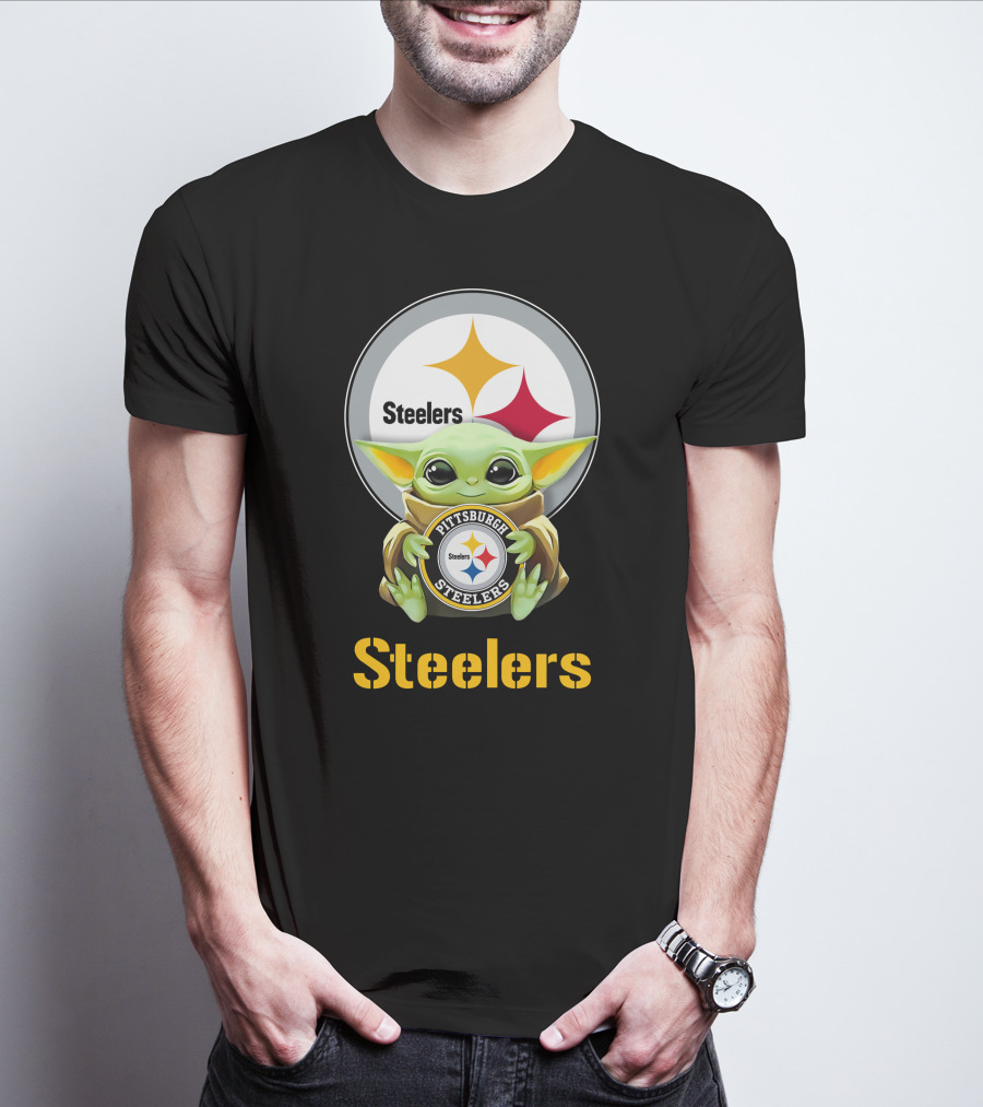 Grogu Holding Pittsburgh Steelers Emblem With Steelers Text T-Shirt
