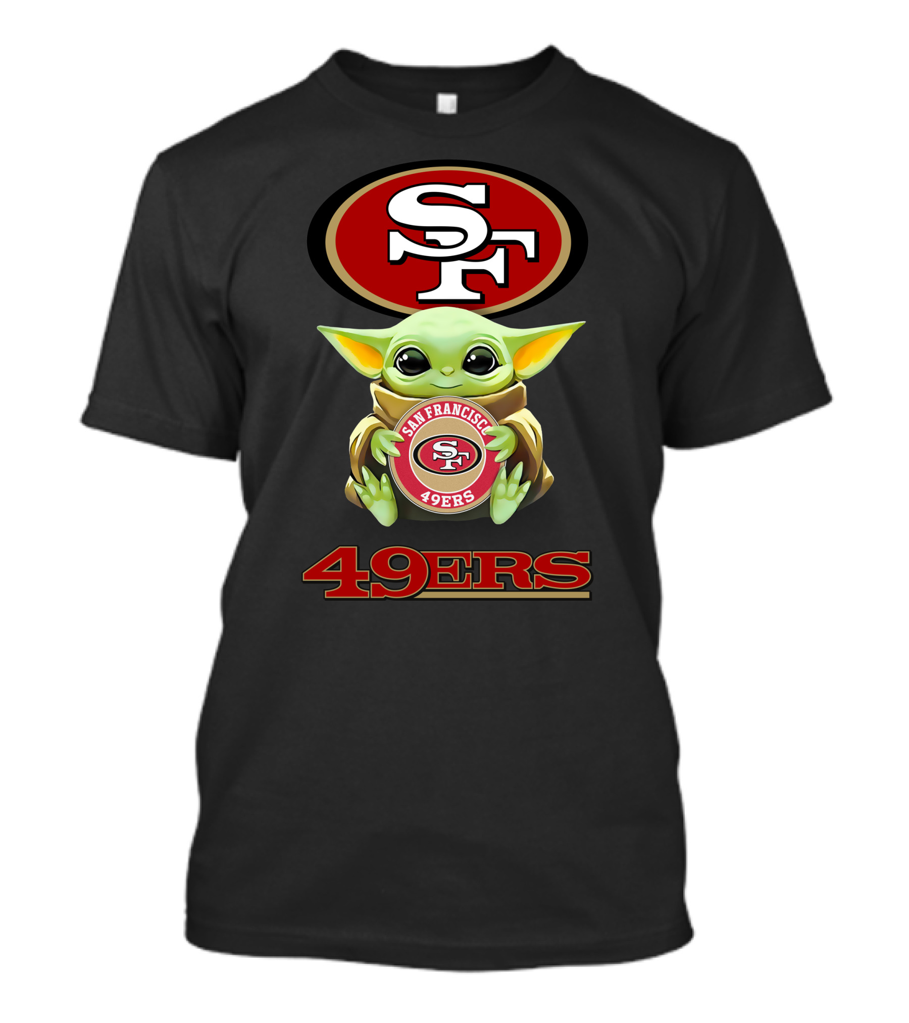 Grogu Holding San Francisco 49ers SF Logo With 49ers Text T-Shirt