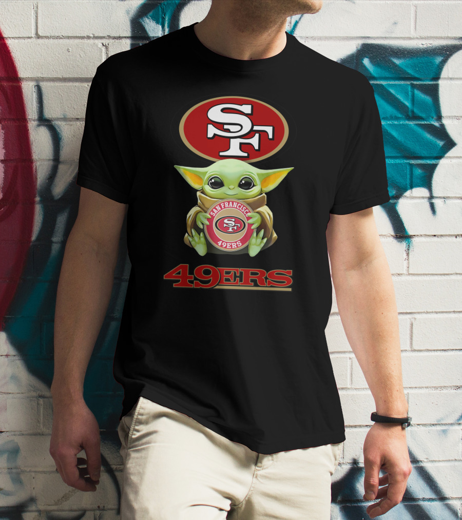 Grogu Holding San Francisco 49ers SF Logo With 49ers Text T-Shirt