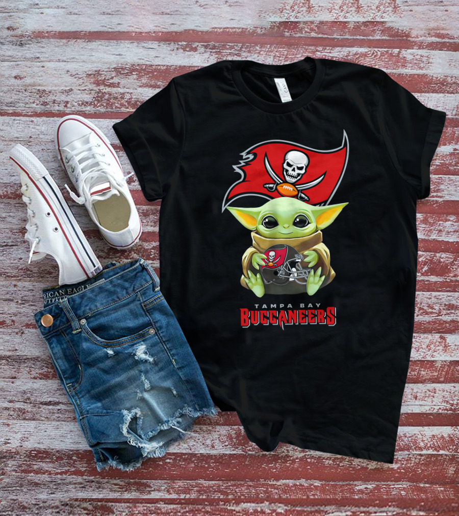 Grogu Holding Tampa Bay Buccaneers Flag And Helmet T-Shirt