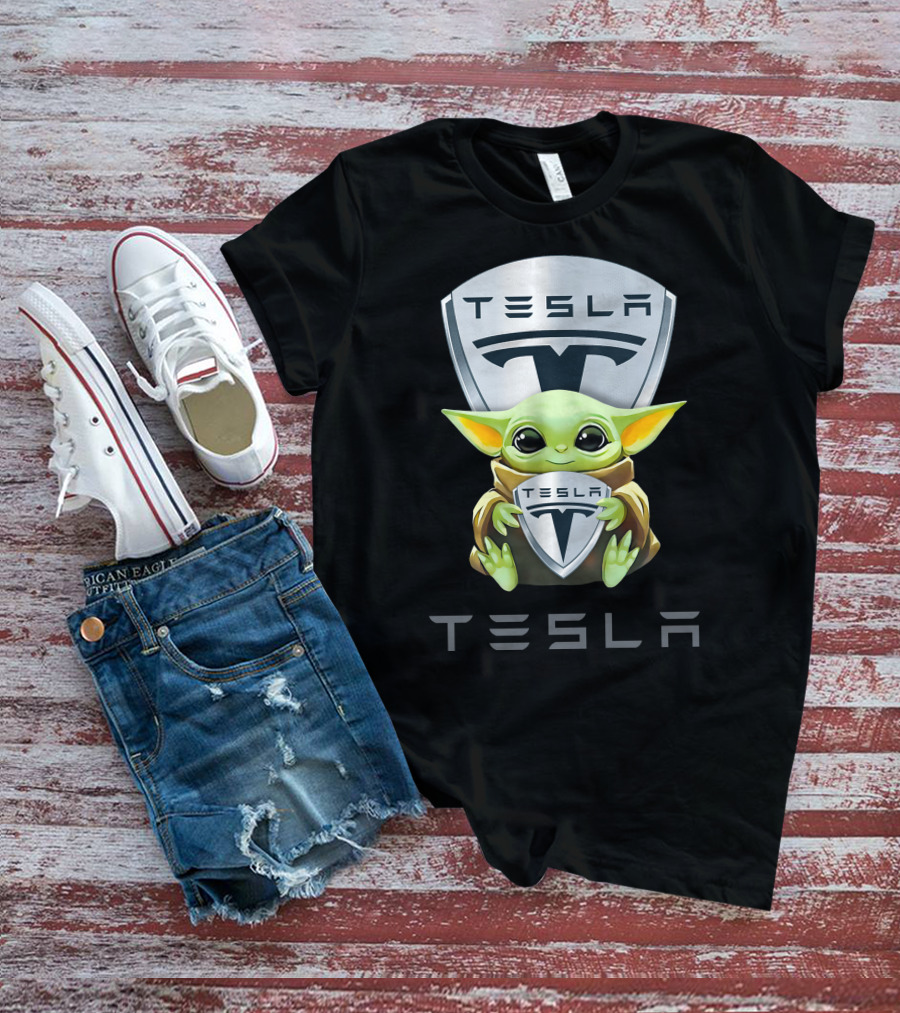 Grogu Holding Tesla Logo Shield Emblem T-Shirt