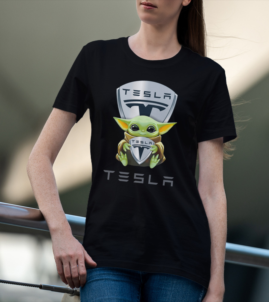 Grogu Holding Tesla Logo Shield Emblem T-Shirt