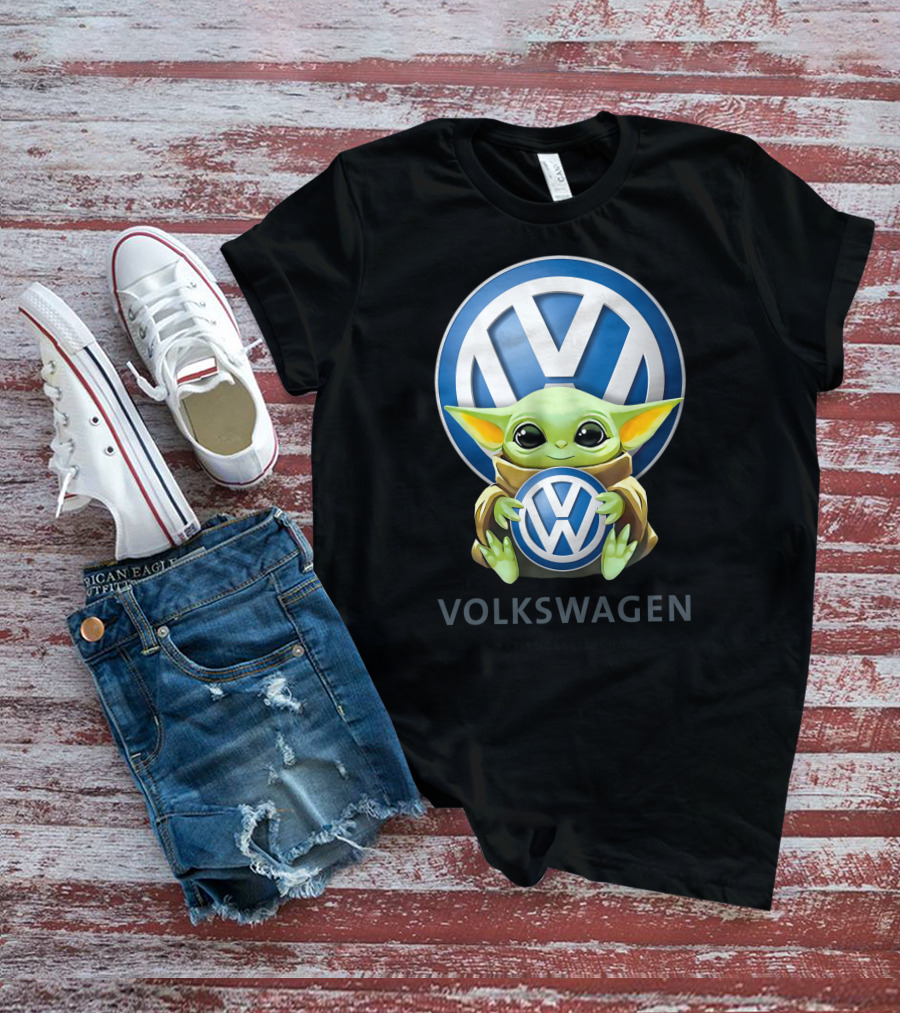 Grogu Holding Volkswagen Logo With Volkswagen Aktiengesellschaft Text T-Shirt