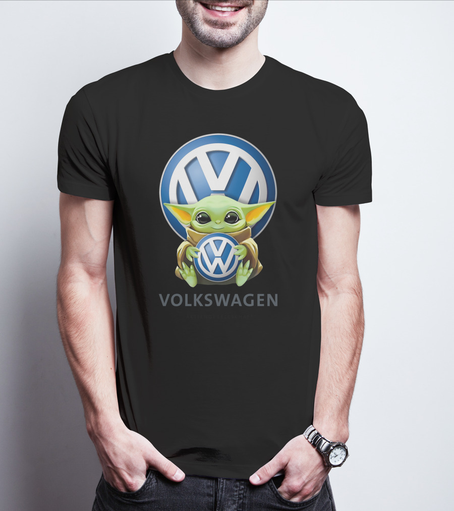 Grogu Holding Volkswagen Logo With Volkswagen Aktiengesellschaft Text T-Shirt