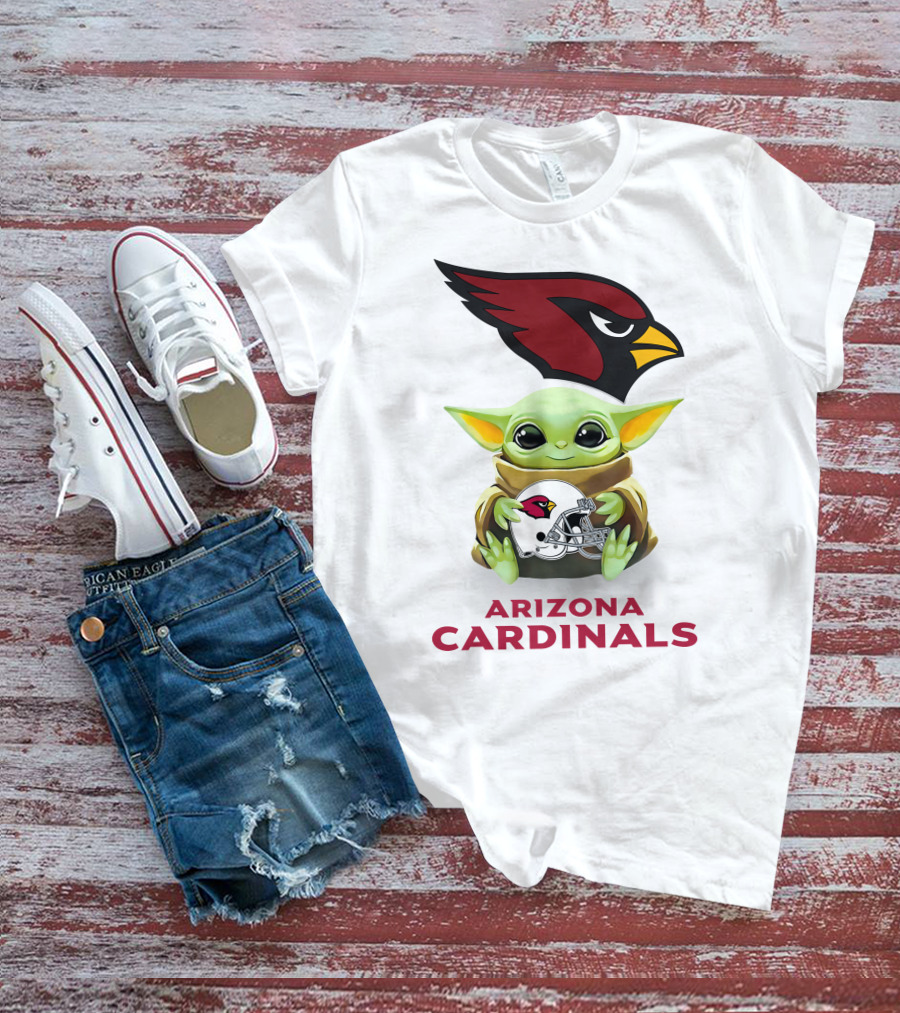 Grogu Holding Arizona Cardinals Helmet With Team Logo And Name T-Shirt
