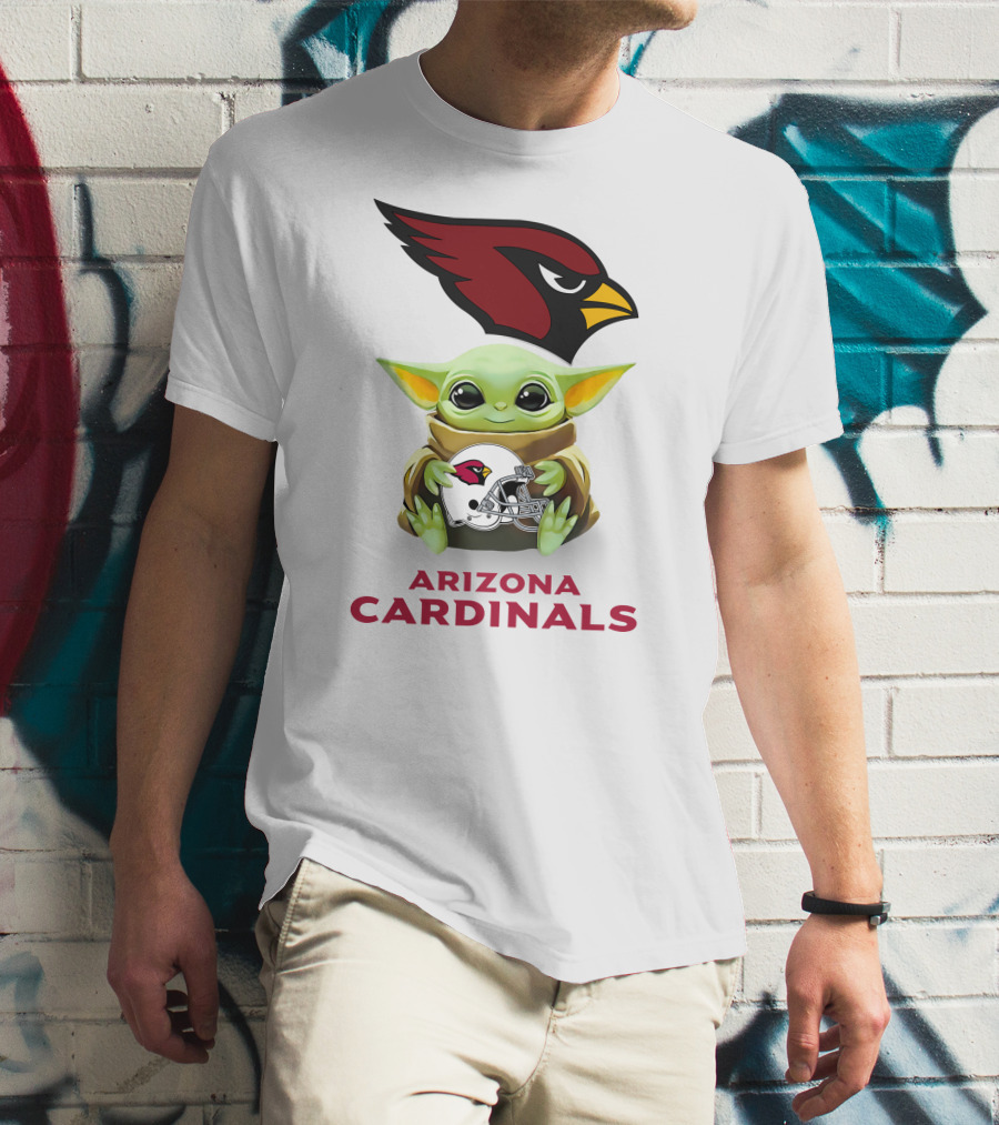 Grogu Holding Arizona Cardinals Helmet With Team Logo And Name T-Shirt