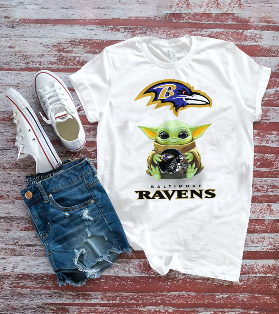 Baltimore Ravens Baby Yoda Hugging Football Helmet Logo Ravens T-Shirt