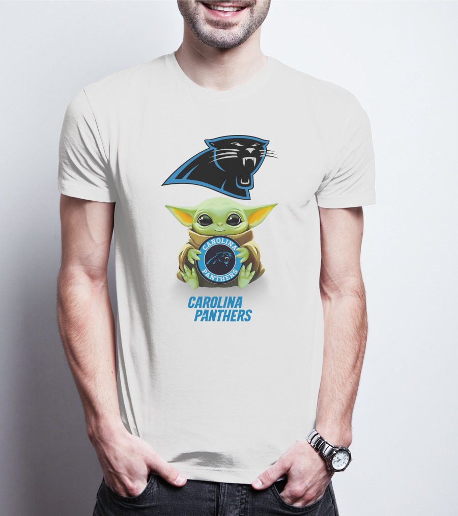 Grogu Holding Carolina Panthers Emblem With Team Logo In White T-Shirt