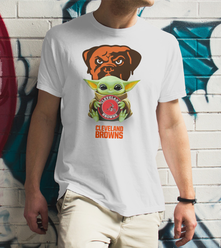 Cleveland Browns Grogu Hugging Cleveland Browns Logo Star Wars Crossover T-Shirt