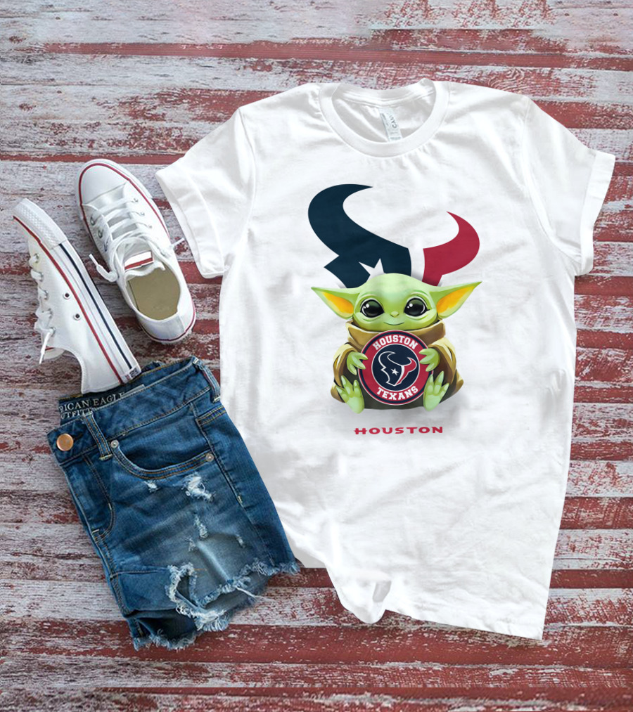 Grogu Holding Houston Texans Emblem With Oversized Logo Background T-Shirt