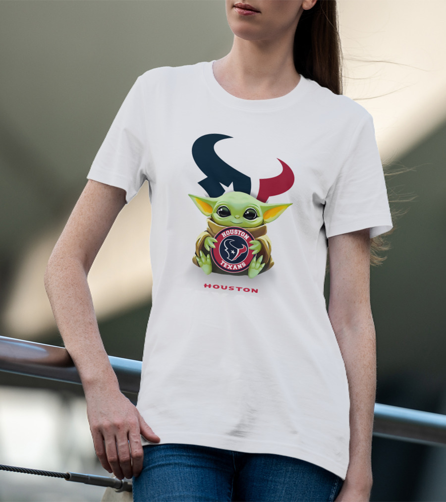 Grogu Holding Houston Texans Emblem With Oversized Logo Background T-Shirt