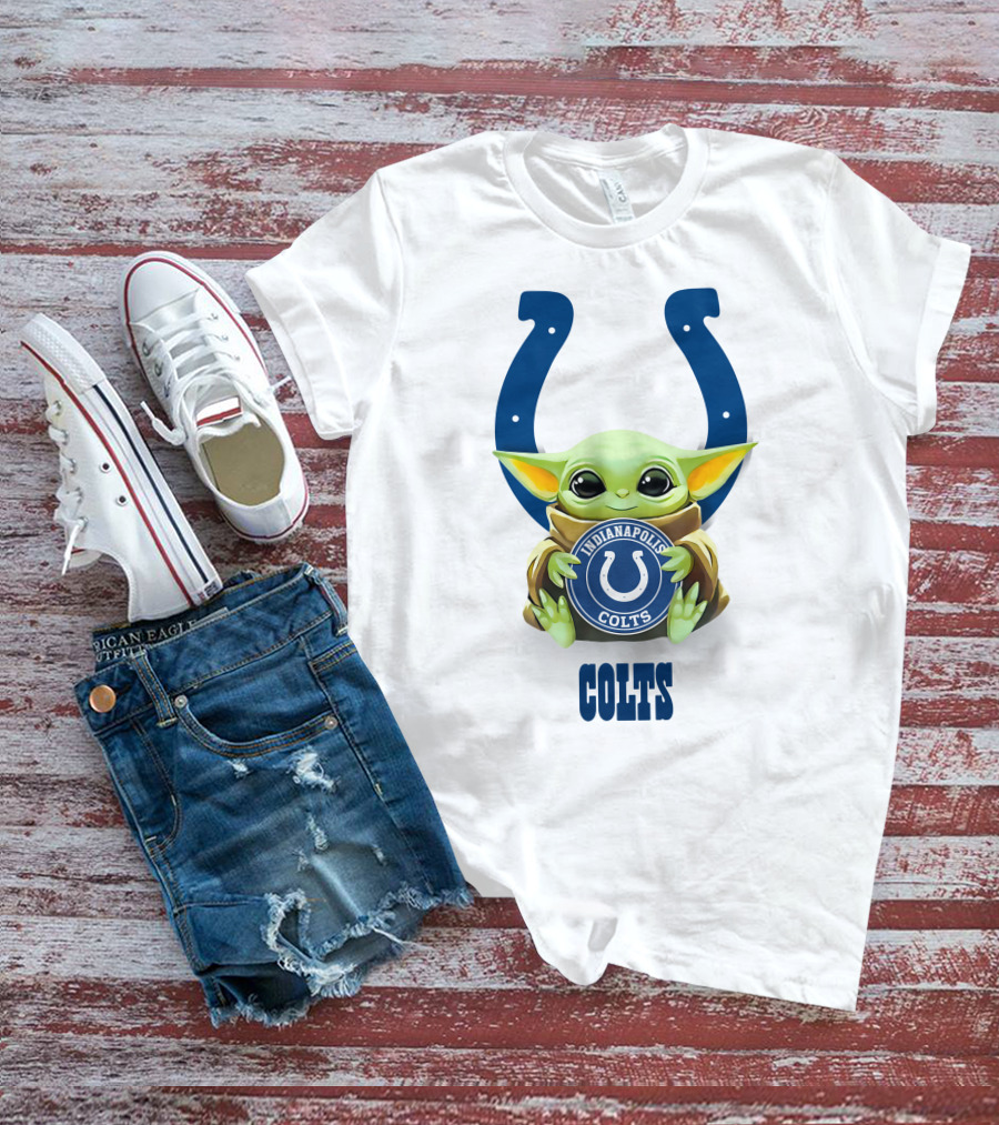 Grogu Holding Indianapolis Colts Emblem With Horseshoe Icon And Colts Text T-Shirt