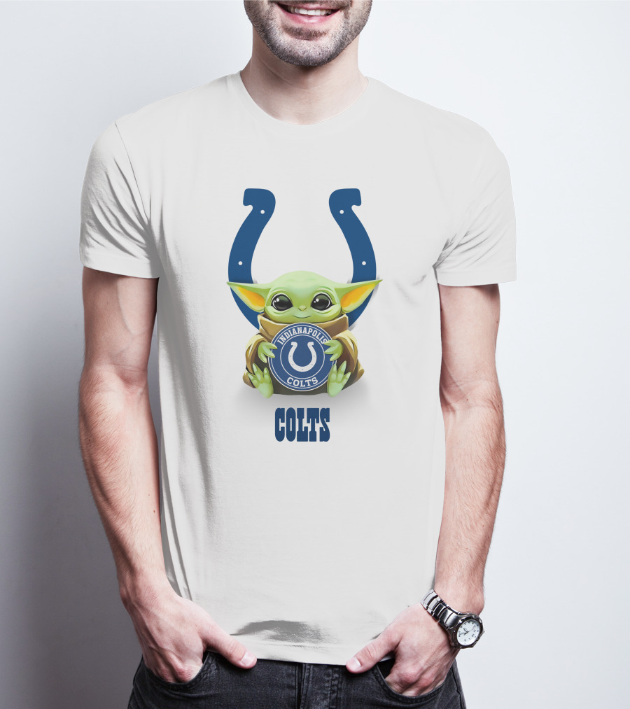 Grogu Holding Indianapolis Colts Emblem With Horseshoe Icon And Colts Text T-Shirt