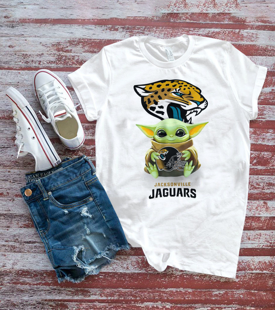 Grogu Holding Jacksonville Jaguars Logo Helmet Football Team Fan Merchandise T-Shirt