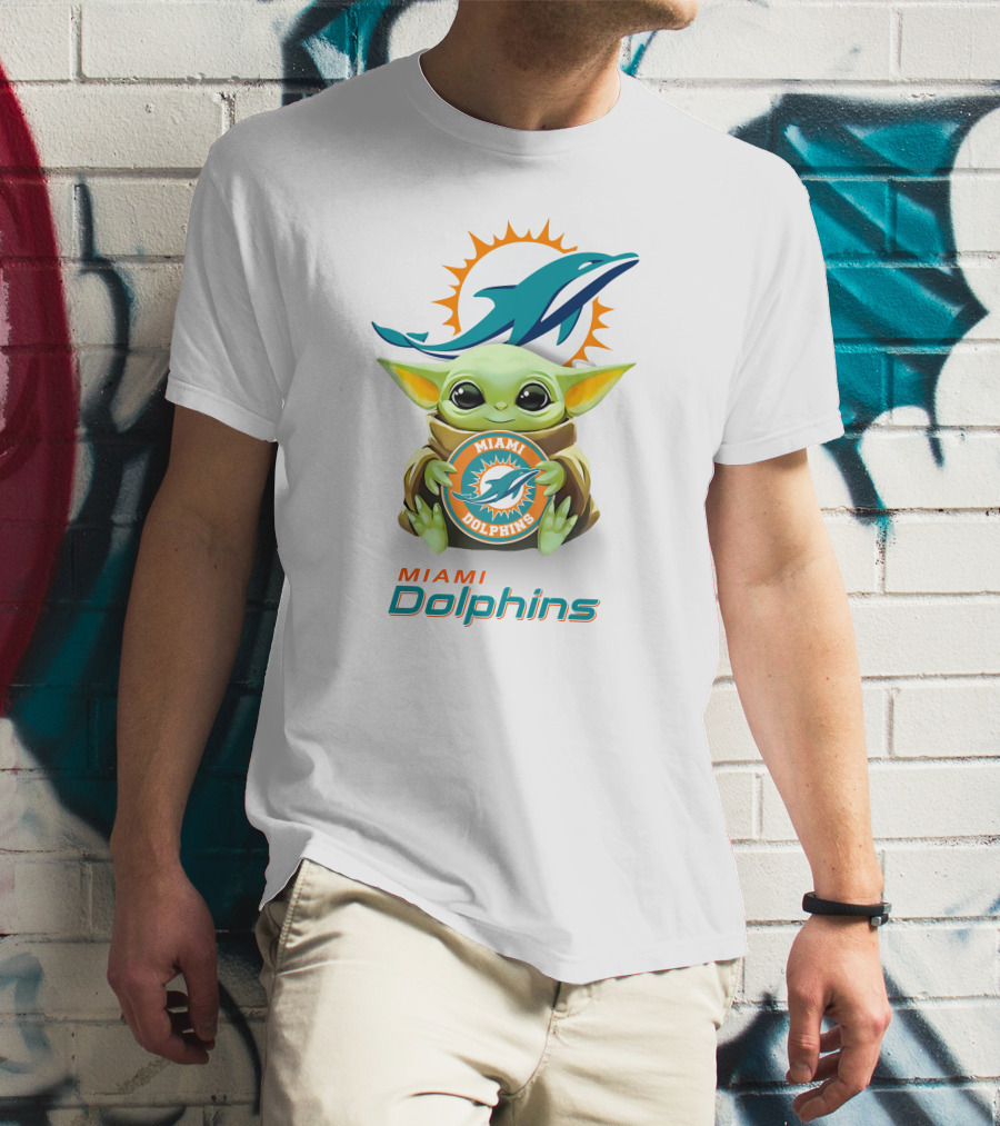 Grogu Holding Miami Dolphins Emblem With Iconic T-Shirt