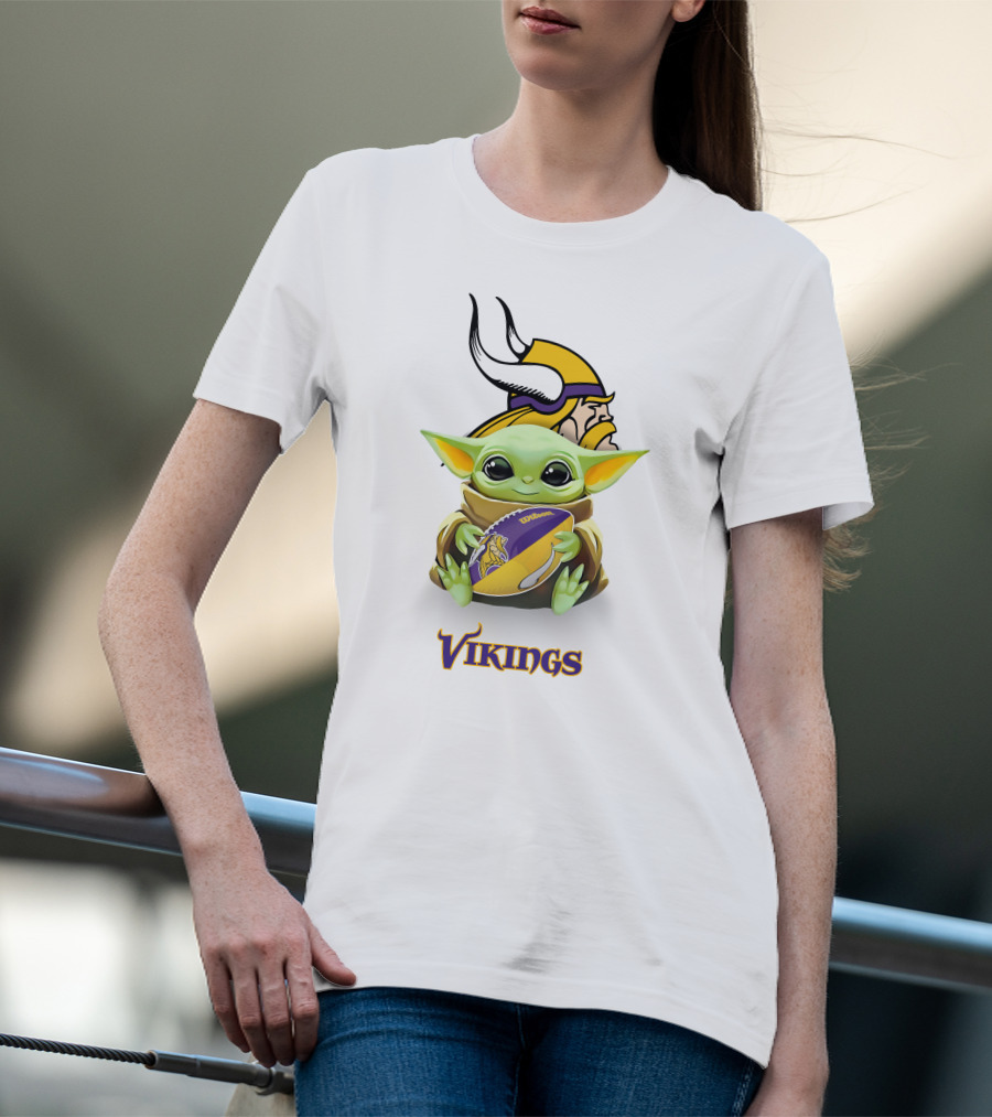 Grogu Holding Minnesota Vikings Football With Vikings T-Shirt