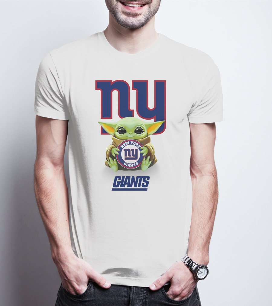 Grogu Holding New York Giants Logo With Giants Text In White T-Shirt