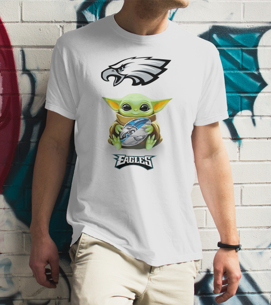 Philadelphia Eagles Grogu Hug Football Tailgate White T-Shirt