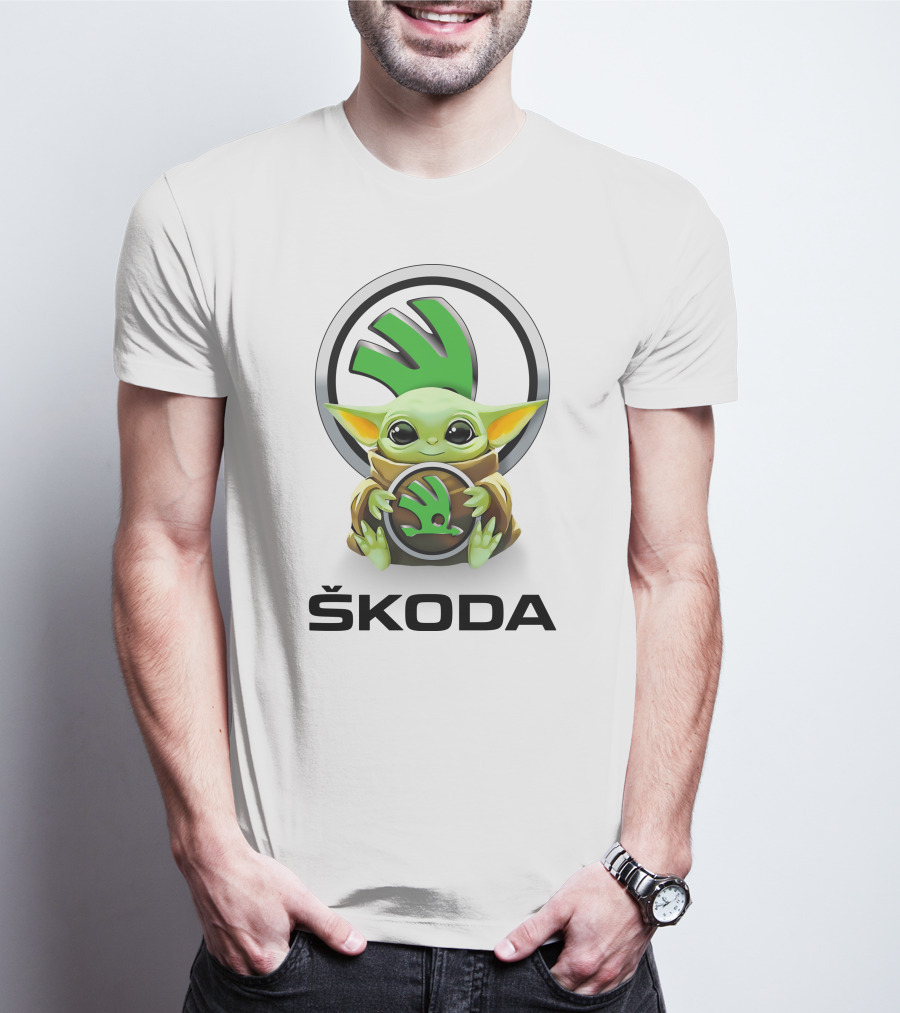 Grogu With Škoda Emblem Hugging Icon With White Background T-Shirt