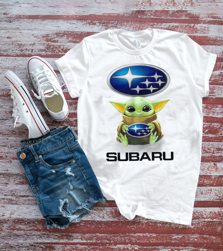 Grogu Holding Subaru Logo With Symbol And Text T-Shirt