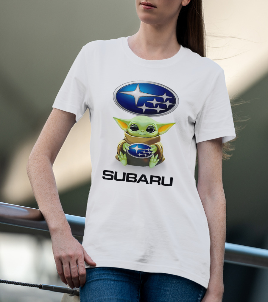 Grogu Holding Subaru Logo With Symbol And Text T-Shirt