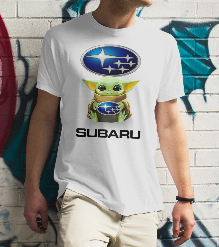 Grogu Holding Subaru Logo With Symbol And Text T-Shirt