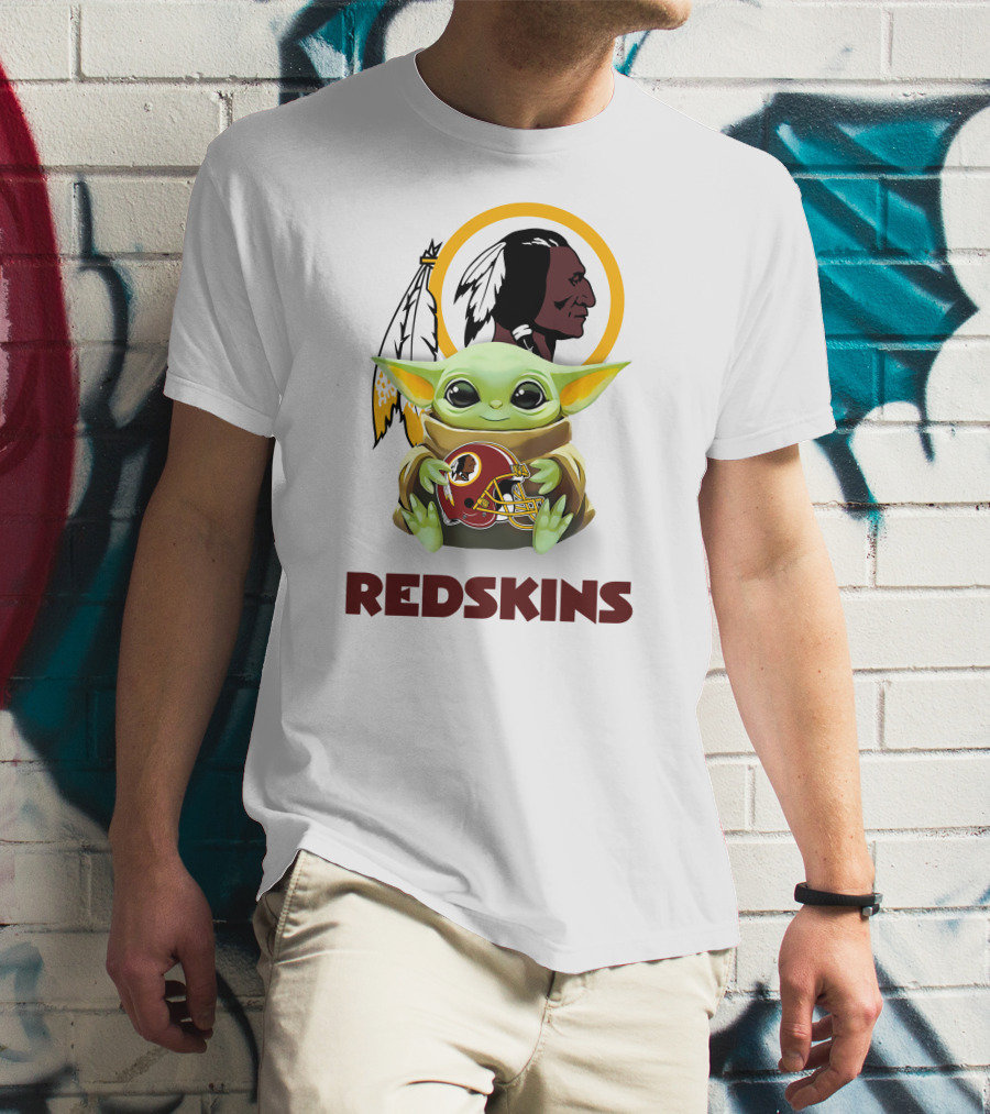 Grogu Hugging Washington Redskins Helmet With Classic Redskins T-Shirt