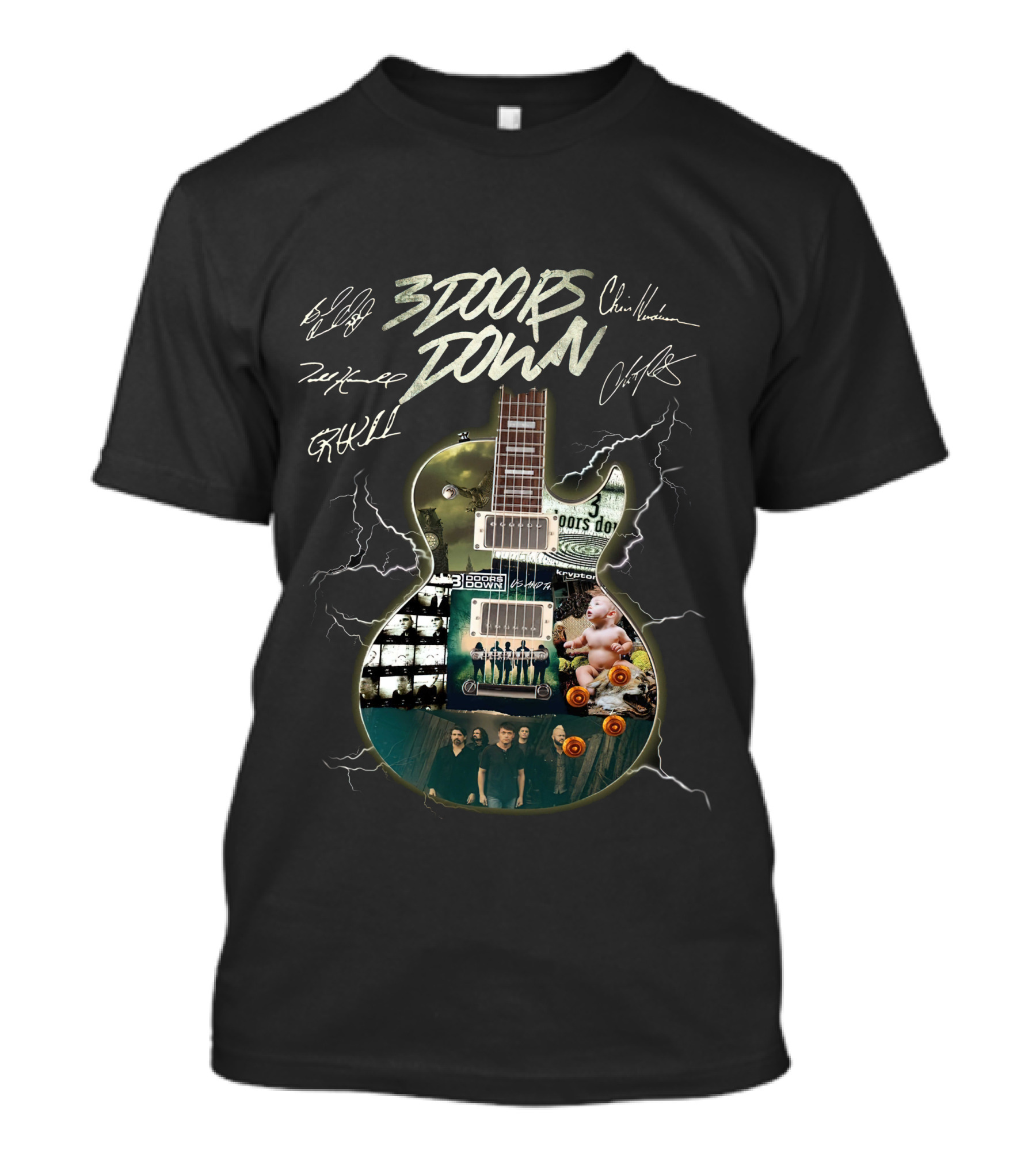3 Doors Down Guitar Lightning Collage With Band Signatures T-Shirt