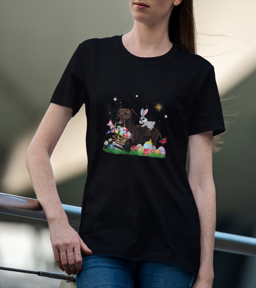 Dachshund With Easter Basket Rabbit And Colorful Eggs Under Stars T-Shirt