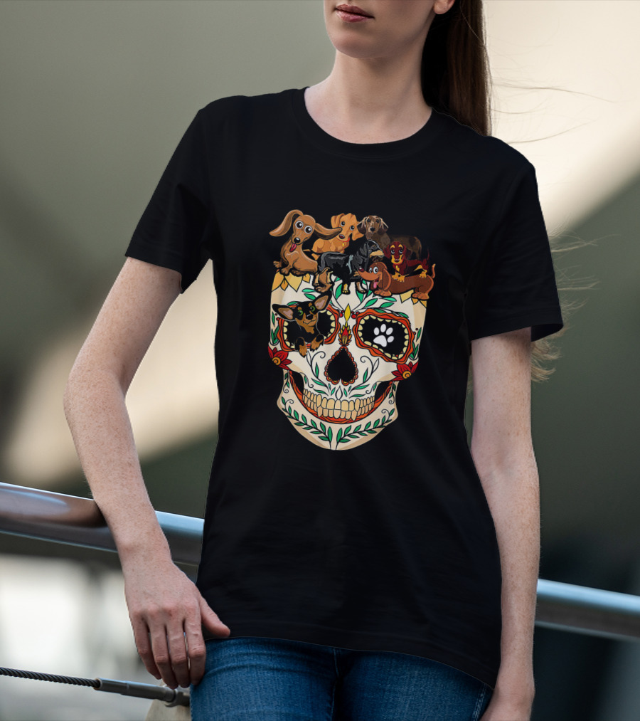 Dachshunds Sugar Skull Dog Mom Dad Funny Colorful Day Of The Dead T-Shirt